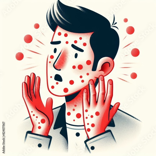 Artistic illustration of a young man with red spots on skin, showcasing symptoms of an allergic reaction.