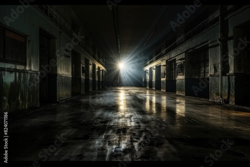 A solitary light pierces the darkness of an abandoned hospital corridor, creating a menacing and eerie atmosphere.