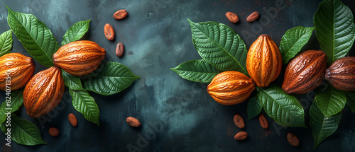 Cocoa fruits and green leaves on a dark background.