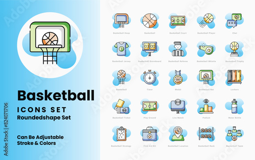 basket ball icons collection. Set contains such Icons as Basketball, Hoop, Backboard, Net, Court, Player, Dribble, Slam Dunk, Three-pointer, Free Throw, and more