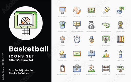 basket ball icons collection. Set contains such Icons as Basketball, Hoop, Backboard, Net, Court, Player, Dribble, Slam Dunk, Three-pointer, Free Throw, and more