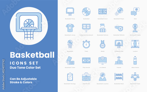 basket ball icons collection. Set contains such Icons as Basketball, Hoop, Backboard, Net, Court, Player, Dribble, Slam Dunk, Three-pointer, Free Throw, and more
