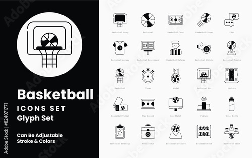 basket ball icons collection. Set contains such Icons as Basketball, Hoop, Backboard, Net, Court, Player, Dribble, Slam Dunk, Three-pointer, Free Throw, and more