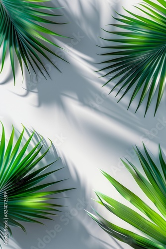Lush green tropical palm leaves arranged on a white background  casting natural shadows. Ideal for nature  botanical  and tropical themes  creating a fresh and vibrant aesthetic