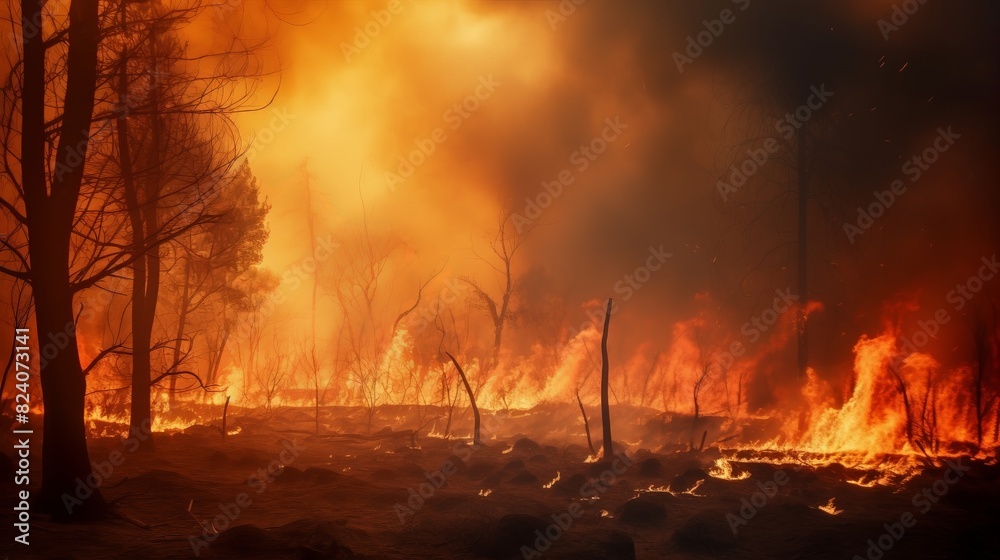 A forest fire is raging, with trees and brush burning in the distance A forest fire is raging, with trees and brush burning in the distance
