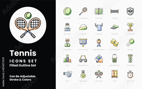 Tennis icons collection. Set contains such Icons as Racket, Ball, Net, Court, Serve, Volley, Smash, Forehand, Backhand, Match, Set, Game, Tie-break, Ace, Baseline, Double Fault, Grand Slam, and more