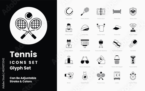 Tennis icons collection. Set contains such Icons as Racket, Ball, Net, Court, Serve, Volley, Smash, Forehand, Backhand, Match, Set, Game, Tie-break, Ace, Baseline, Double Fault, Grand Slam, and more photo