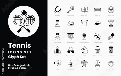 Tennis icons collection. Set contains such Icons as Racket, Ball, Net, Court, Serve, Volley, Smash, Forehand, Backhand, Match, Set, Game, Tie-break, Ace, Baseline, Double Fault, Grand Slam, and more