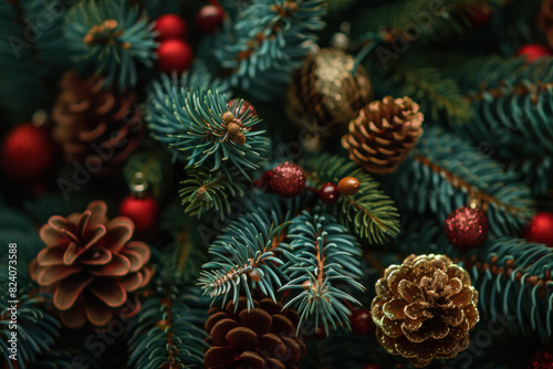 Festive Christmas Decoration with Pine Cones and Red Berries  Seasonal Holiday Background