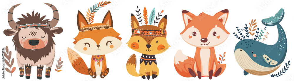 Fototapeta premium Fox, Buffalo, Whale, boho animal nursery cute clipart PNG transparent background, artful illustration with grungy texture