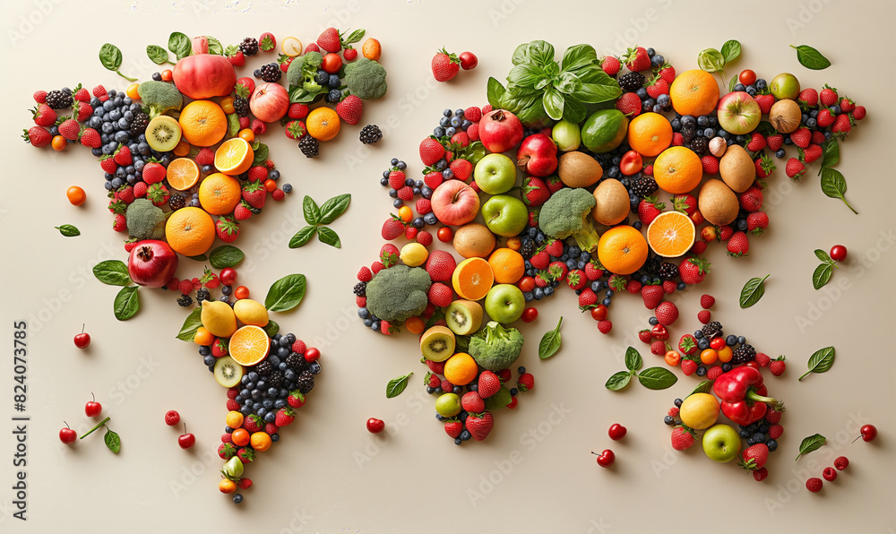 World map consisting of fruits and vegetables. World map consisting of fruits and vegetables.