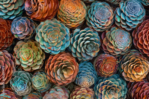 Vibrant collection of succulents in a stunning array of colors, showcasing patterns and textures in nature.