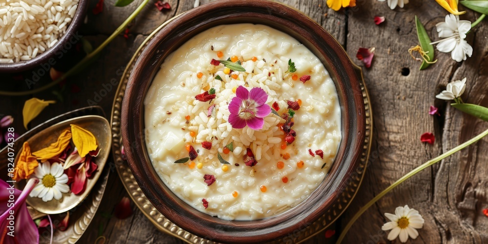 Rice pudding with edible flowers Rice pudding with edible flowers