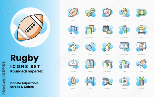 Rugby icons collection. Set contains such Icons as Rugby Ball, Scrum, Lineout, Try, Tackle, Conversion, Goalpost, Scrum Cap, Rugby Boots, and more