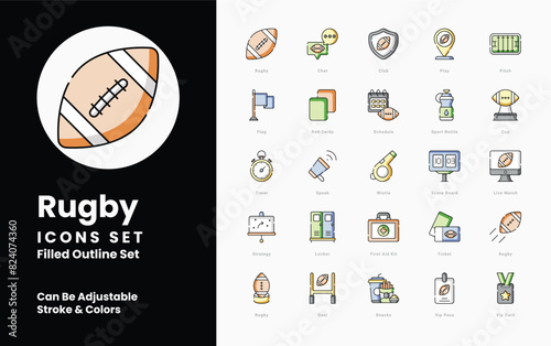 Rugby icons collection. Set contains such Icons as Rugby Ball, Scrum, Lineout, Try, Tackle, Conversion, Goalpost, Scrum Cap, Rugby Boots, and more