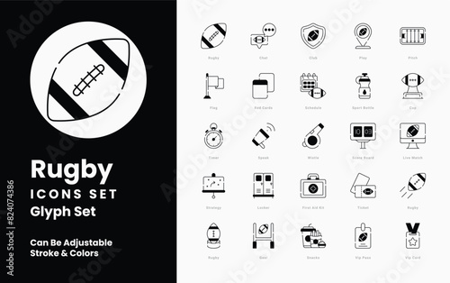 Rugby icons collection. Set contains such Icons as Rugby Ball, Scrum, Lineout, Try, Tackle, Conversion, Goalpost, Scrum Cap, Rugby Boots, and more