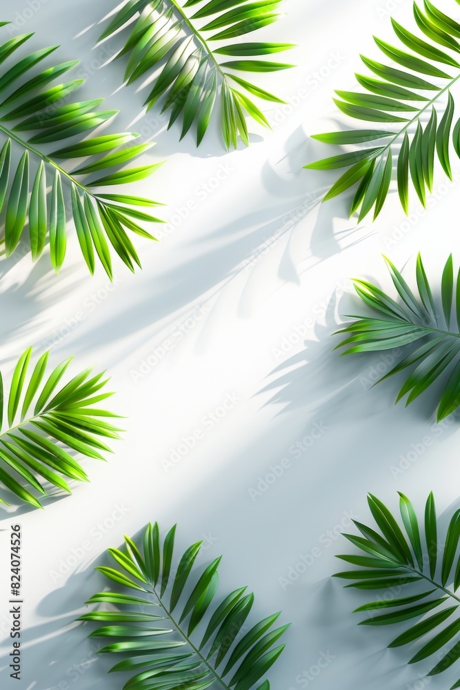Lush green tropical palm leaves arranged on a white background, casting natural shadows. Ideal for nature, botanical, and tropical themes, creating a fresh and vibrant aesthetic Lush green tropical palm leaves arranged on a white background, casting natural shadows. Ideal for nature, botanical, and tropical themes, creating a fresh and vibrant aesthetic