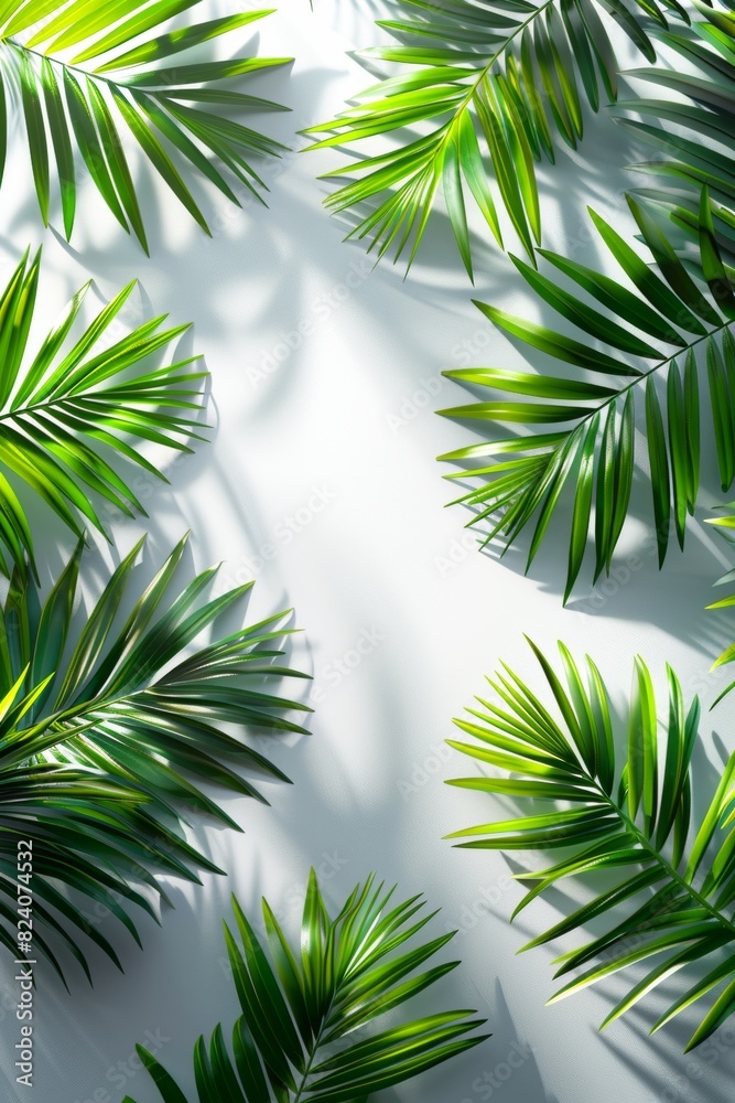 Lush green tropical palm leaves arranged on a white background, casting natural shadows. Ideal for nature, botanical, and tropical themes, creating a fresh and vibrant aesthetic Lush green tropical palm leaves arranged on a white background, casting natural shadows. Ideal for nature, botanical, and tropical themes, creating a fresh and vibrant aesthetic