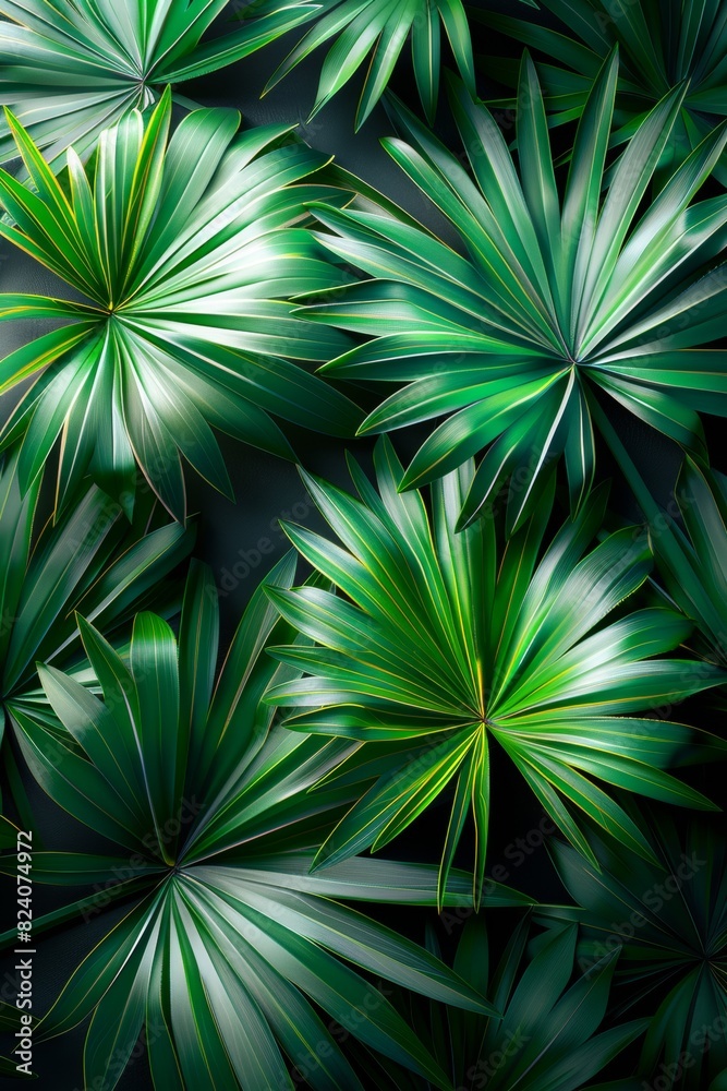 Fototapeta premium Green tropical palm leaves against a dark background, casting shadows and creating a vibrant, lush appearance. Poster and banner