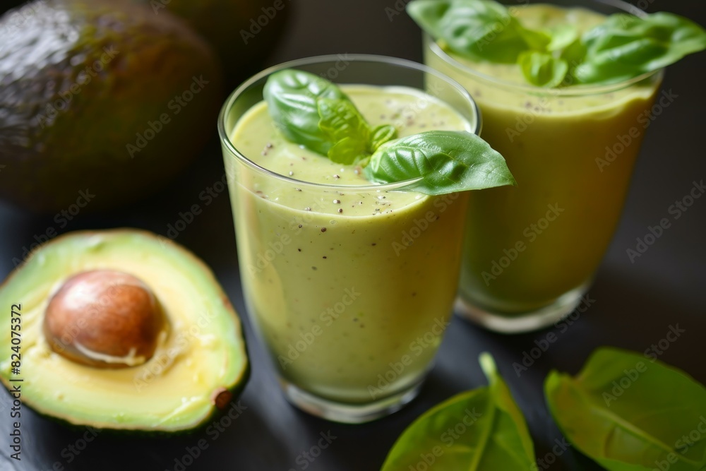 Two glasses of creamy avocado smoothie topped with fresh basil leaves Two glasses of creamy avocado smoothie topped with fresh basil leaves