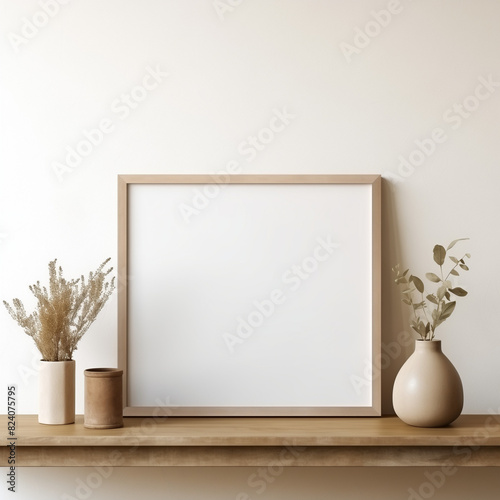 A mockup of a frame for showcasing designs, the frame is standing on a table and leaning against the wall. Behind it, the frame is empty, with walls in light colors. 