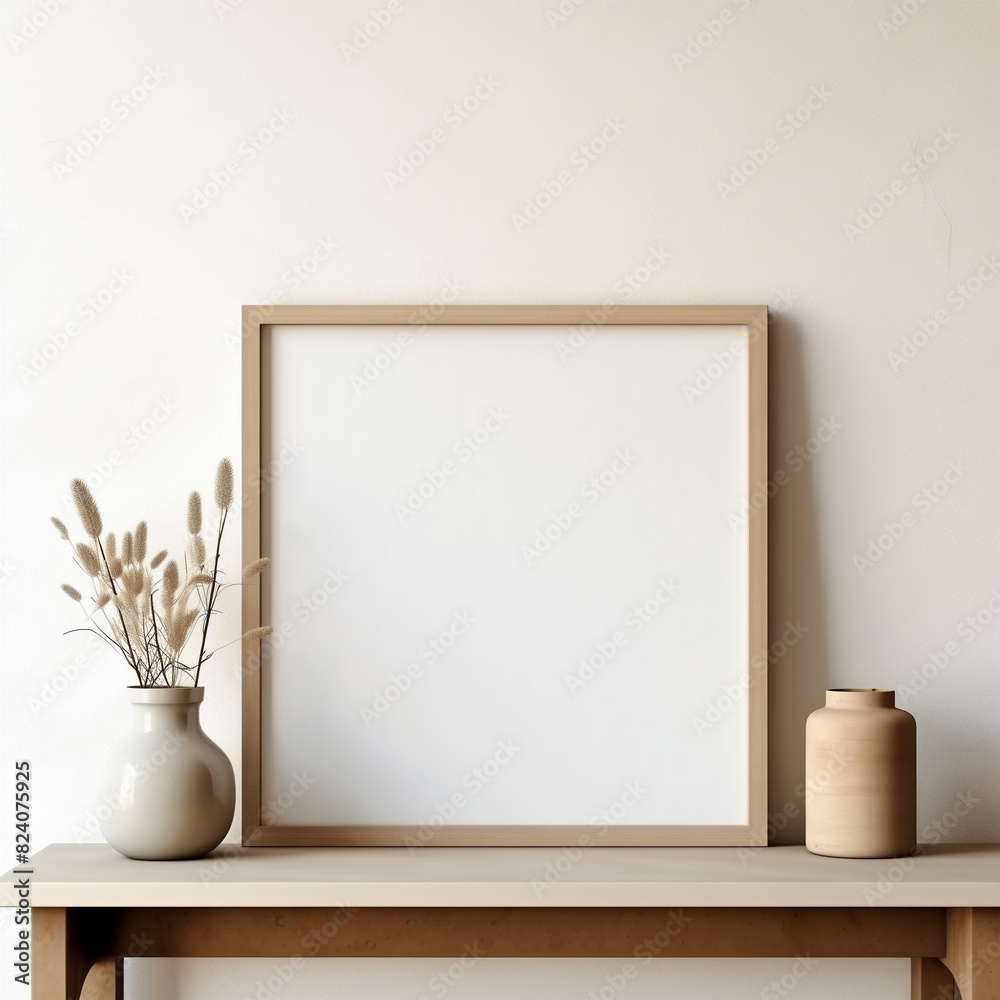 A mockup of a frame for showcasing designs, the frame is standing on a table and leaning against the wall. Behind it, the frame is empty, with walls in light colors. 