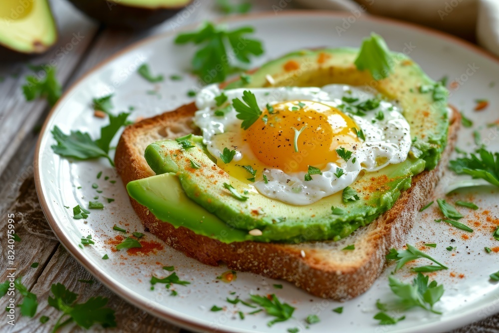 Healthy avocado toast topped with a poached egg, sprinkled with herbs and spices, ready for breakfast