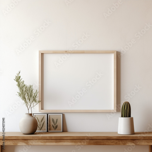 A mockup of a frame for showcasing designs, the frame is standing on a table and leaning against the wall. Behind it, the frame is empty, with walls in light colors. 