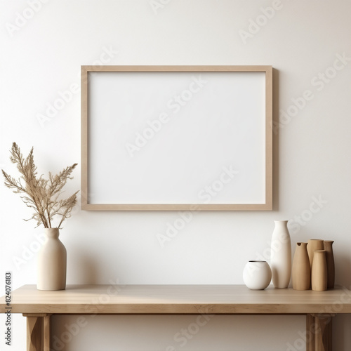 A mockup of a frame for showcasing designs, the frame is standing on a table and leaning against the wall. Behind it, the frame is empty, with walls in light colors. 