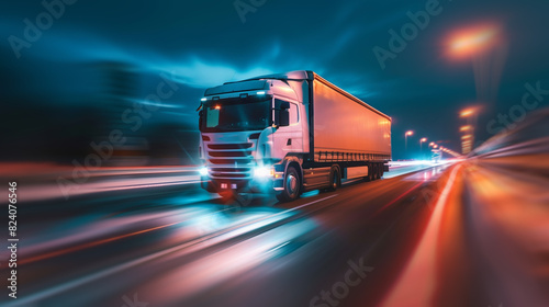modern freight truck driving by highway at night, blurred motion, logistics and delivery shipping concept