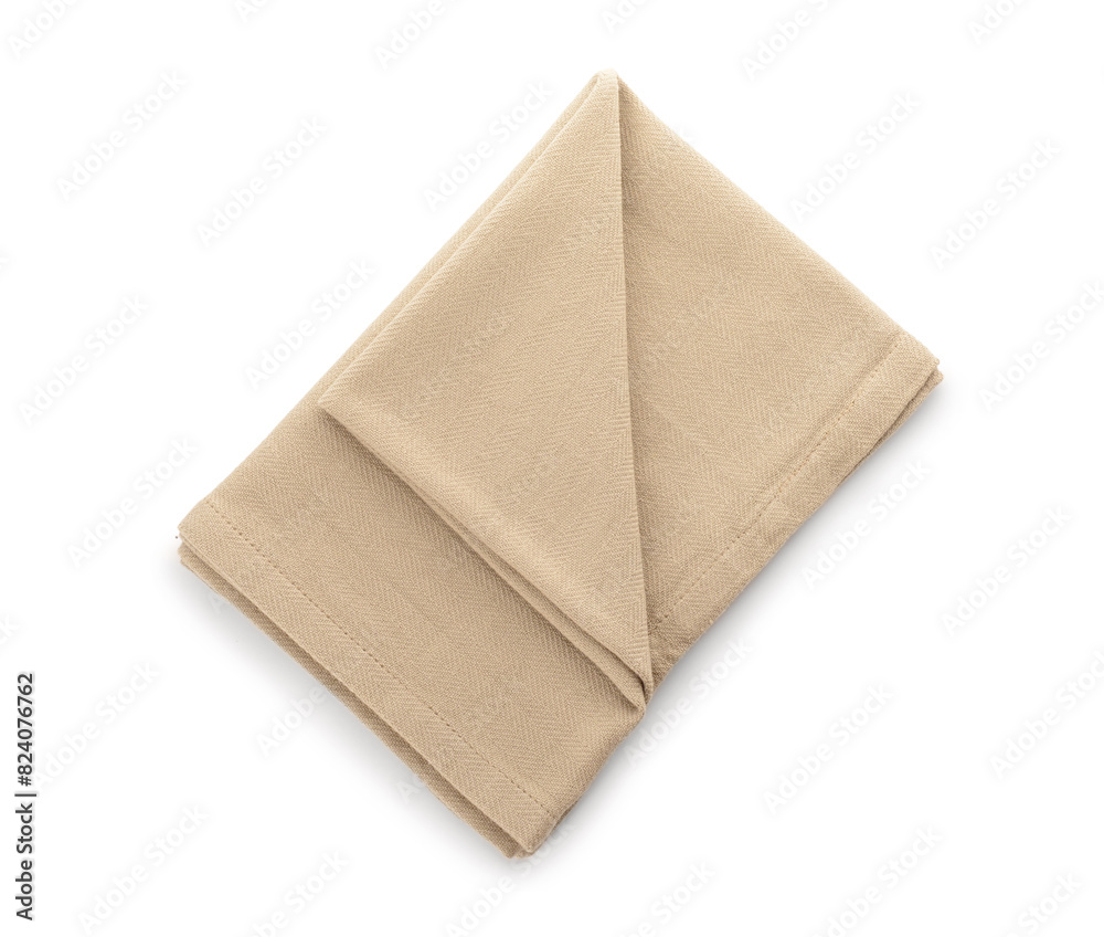 Fabric beige napkin on white background. Top view Fabric beige napkin on white background. Top view