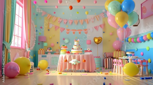 A children's birthday party room with colorful decorations, balloons, and a cake table photo