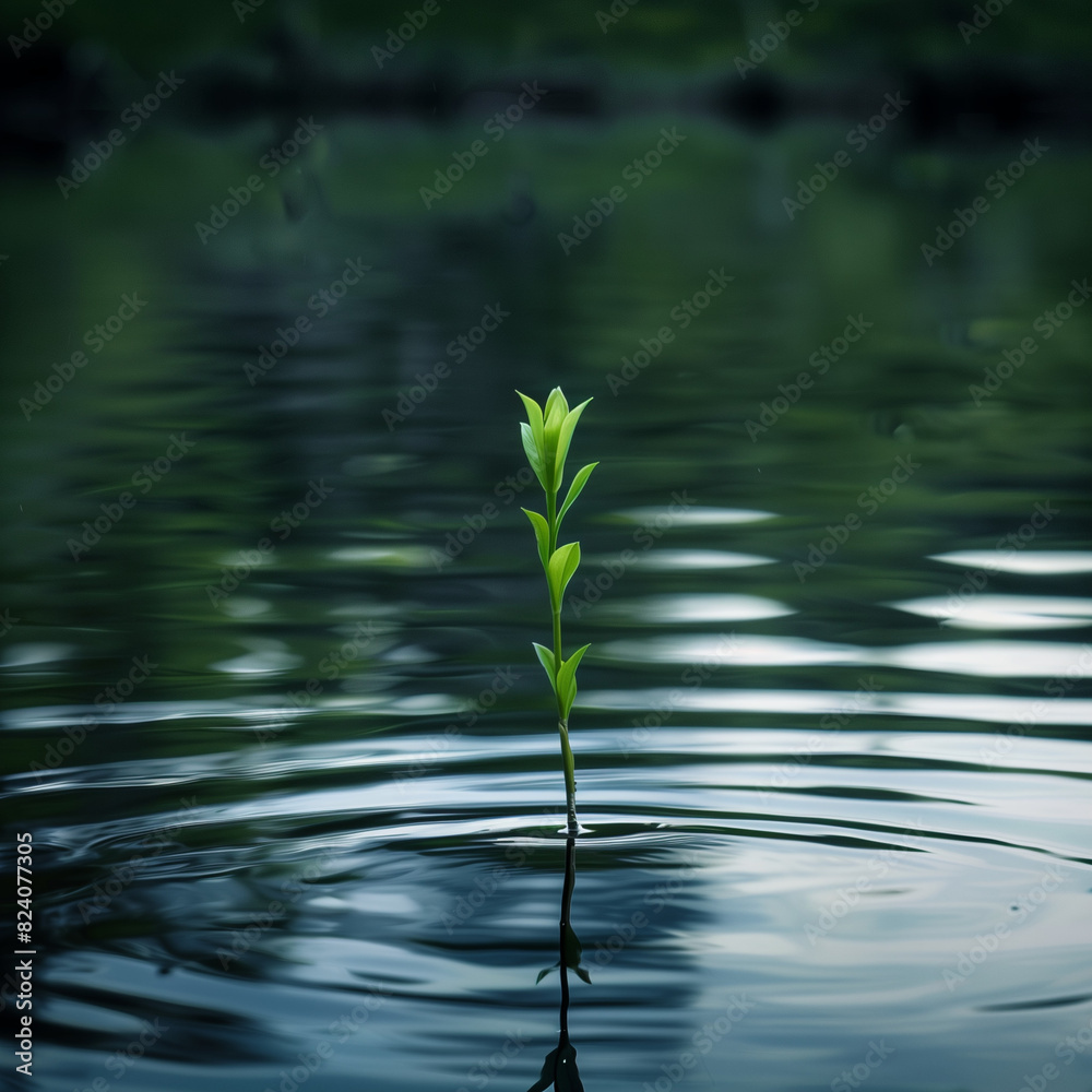 A fresh shoot pushing through the surface of a calm pond