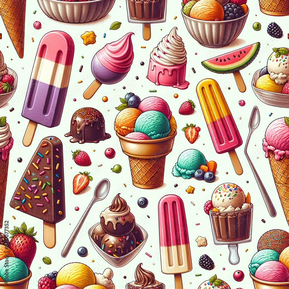 pattern of colorful ice cream varieties including cones, popsicles, and scoops with sprinkles and toppings, set against a light background. Perfect for vibrant and playful culinary-themed designs