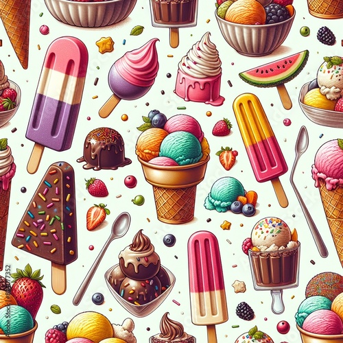 Obraz na płótnie pattern of colorful ice cream varieties including cones, popsicles, and scoops with sprinkles and toppings, set against a light background. Perfect for vibrant and playful culinary-themed designs w salonie