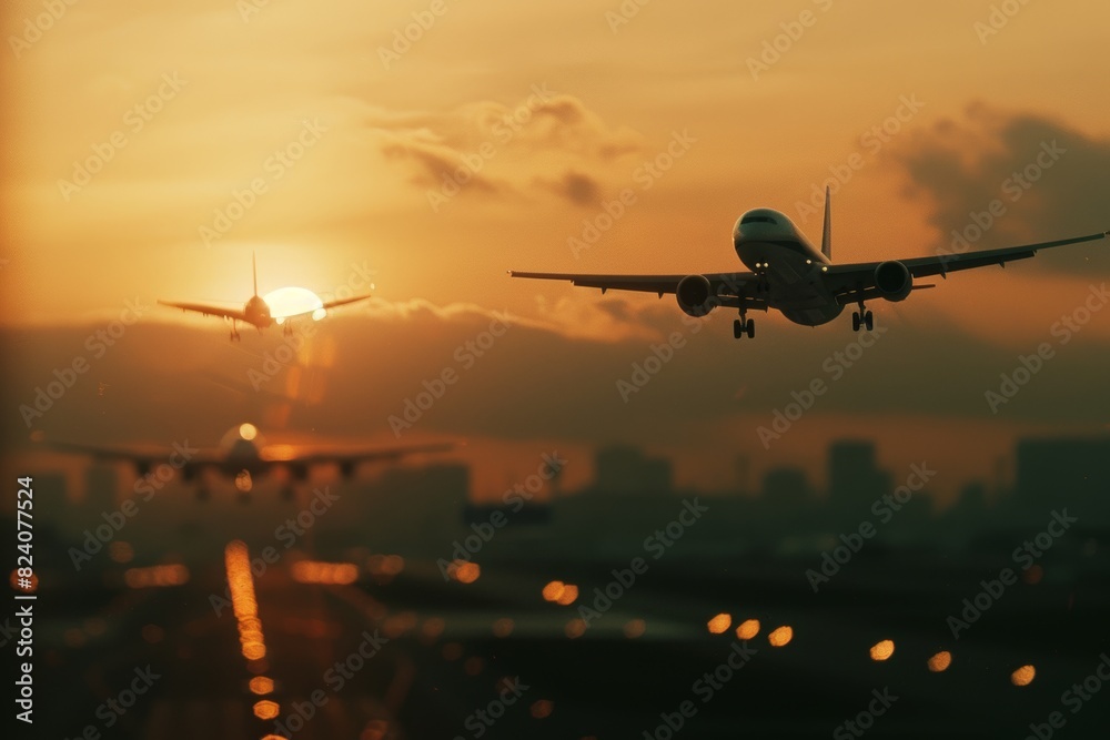 Realistic photo of an airplane landing at sunset, with the silhouette of another plane in flight and partially blurred skyline background. Realistic photo of an airplane landing at sunset, with the silhouette of another plane in flight and partially blurred skyline background.