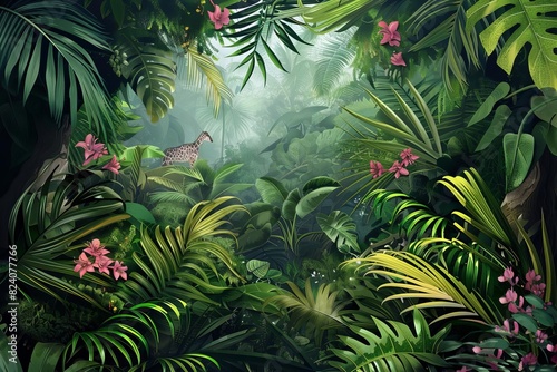 exotic jungle wallpaper with tropical plants and wild animals for kids room digital painting