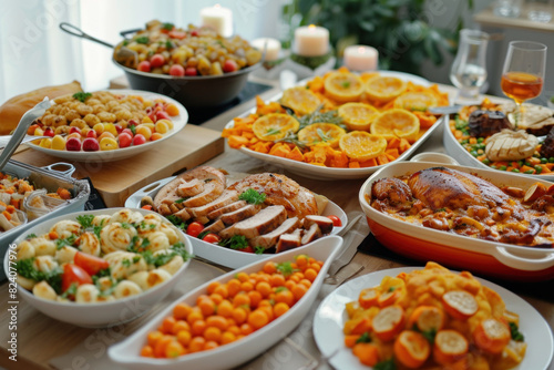 A lavish buffet spread showcasing a variety of dishes for a holiday feast, perfect for a family gathering or celebration