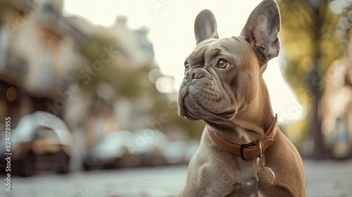 A French bulldog dog in a brown collar with an addressee stands on the sidewalk in front of the building, looking curiously away photo