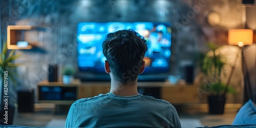 Man watching TV in living room from behind focused on screen. Concept Watching TV, Home Entertainment, Living Room, Relaxation, Leisure Time