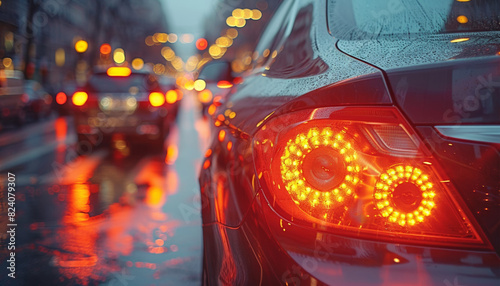 rear view of modern luxury car on night road, new shiny auto vehicle in traffic, back lamp light view, illuminated city. on background