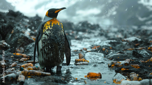 A penguin is covered with oil on the polluted glacier filled with trash  plastics and bottles due to human consumptions and unethical behavior