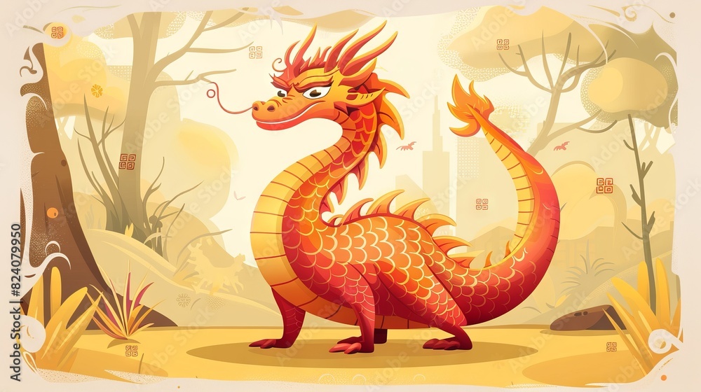 Obraz premium Red and gold dragon illustration with vibrant details. Chinese dragon. Perfect for cultural themes, mythical concepts, fantasy and artistic designs