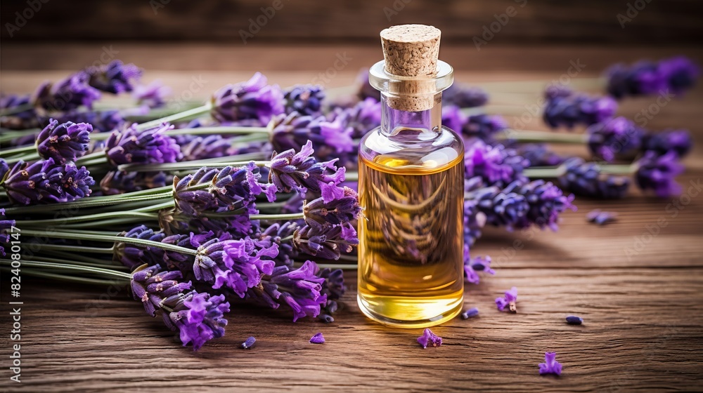 A bottle of lavender oil sits on a wooden table next to purple flowers