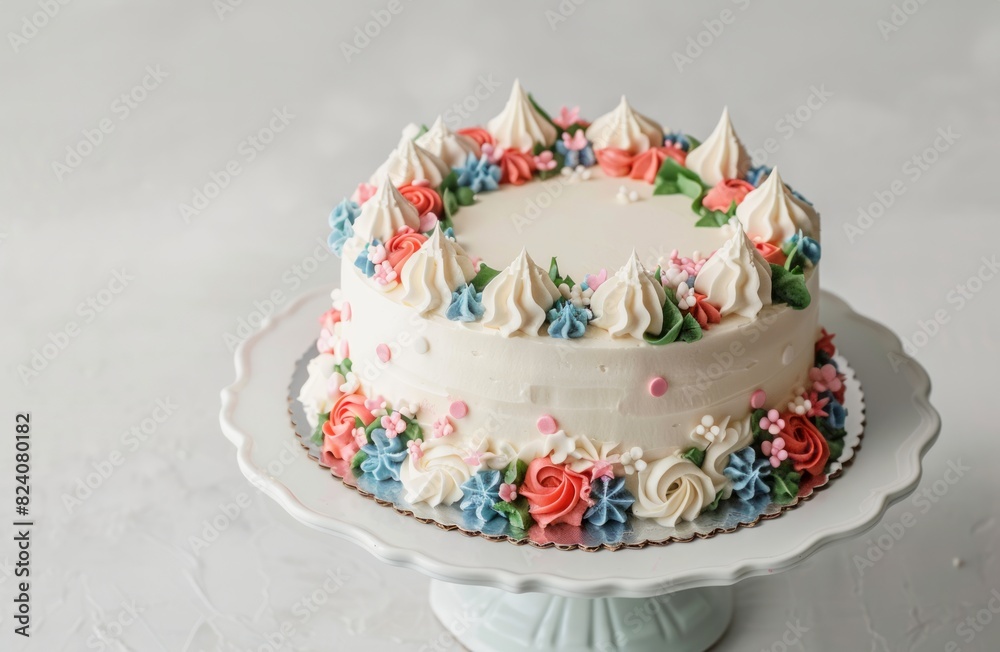 Beautifully decorated cake on a white pedestal stand. Elegantly adorned dessert on a white cake tray. Concept of celebrations, bakery, pastry art, special occasions Beautifully decorated cake on a white pedestal stand. Elegantly adorned dessert on a white cake tray. Concept of celebrations, bakery, pastry art, special occasions