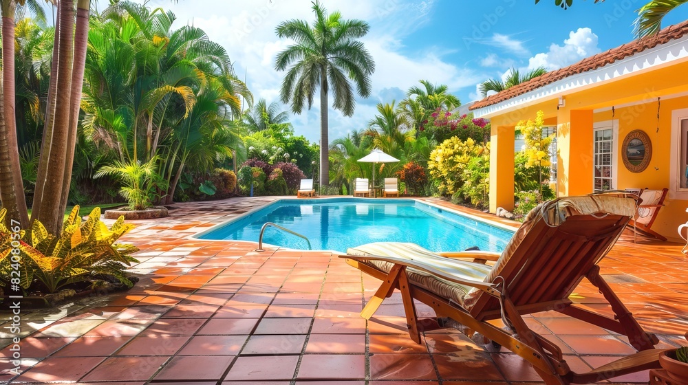 Vibrant poolside area with palm trees and colorful plants. Sunny pool surrounded by tropical greenery and lounge chairs. Concept of tropical paradise, relaxation, vacation, outdoor leisure Vibrant poolside area with palm trees and colorful plants. Sunny pool surrounded by tropical greenery and lounge chairs. Concept of tropical paradise, relaxation, vacation, outdoor leisure