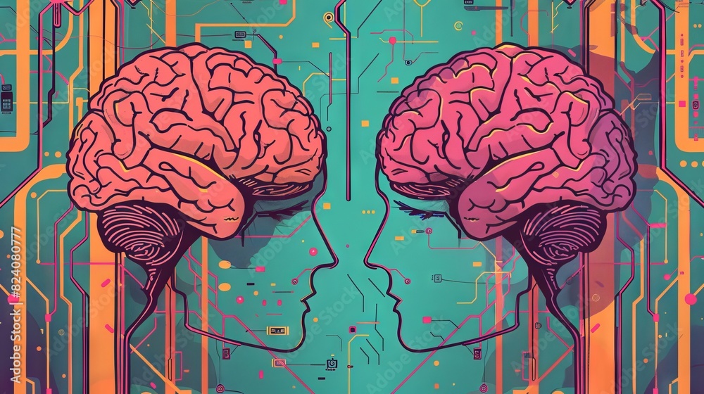 Humans Two Brain Two human brains facing each other in a cybernetic background. Perfect ...