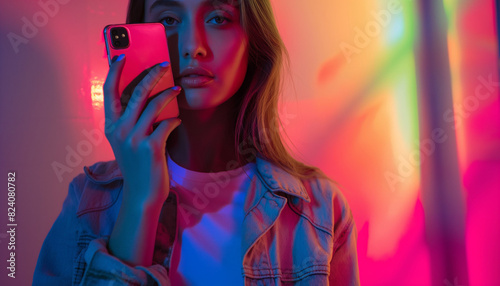 Neutral facial expression. Fashionable young woman standing in the studio with neon light.Neutral facial expression. Fashionable young woman standing in the studio with neon light. 