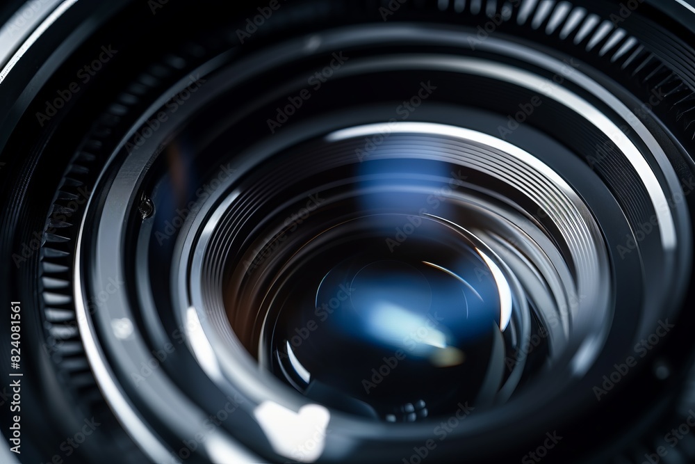 A close up of a camera lens with a blue light shining through it A close up of a camera lens with a blue light shining through it
