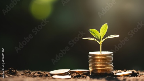 A plant is growing out of a pile of coins